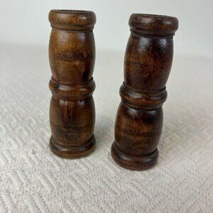 Vintage Carved Handmade Wooden Pair Two 2 MCM Boho Candle Holders Brown Retro